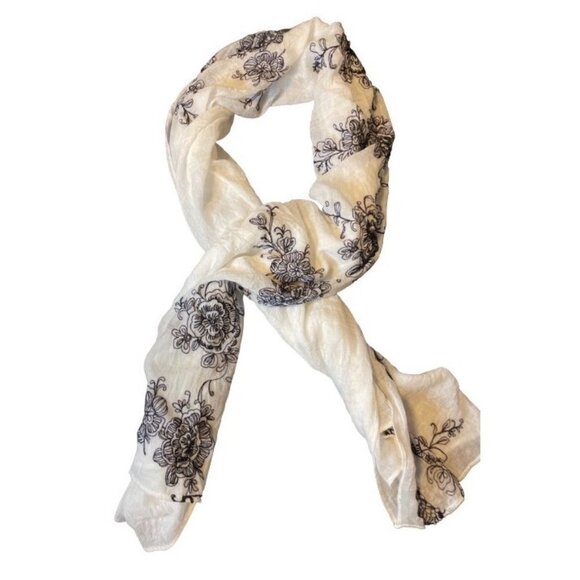 White Black Embroidered Large Viscose Polyester Scarf - Picture 1 of 6
